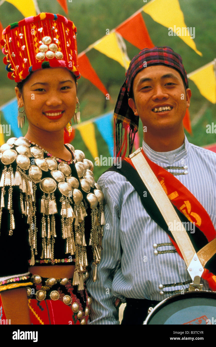 Asia, China, Beijing. Chinese Ethnic Culture Park, Jingpo ethnic costume. Stock Photo