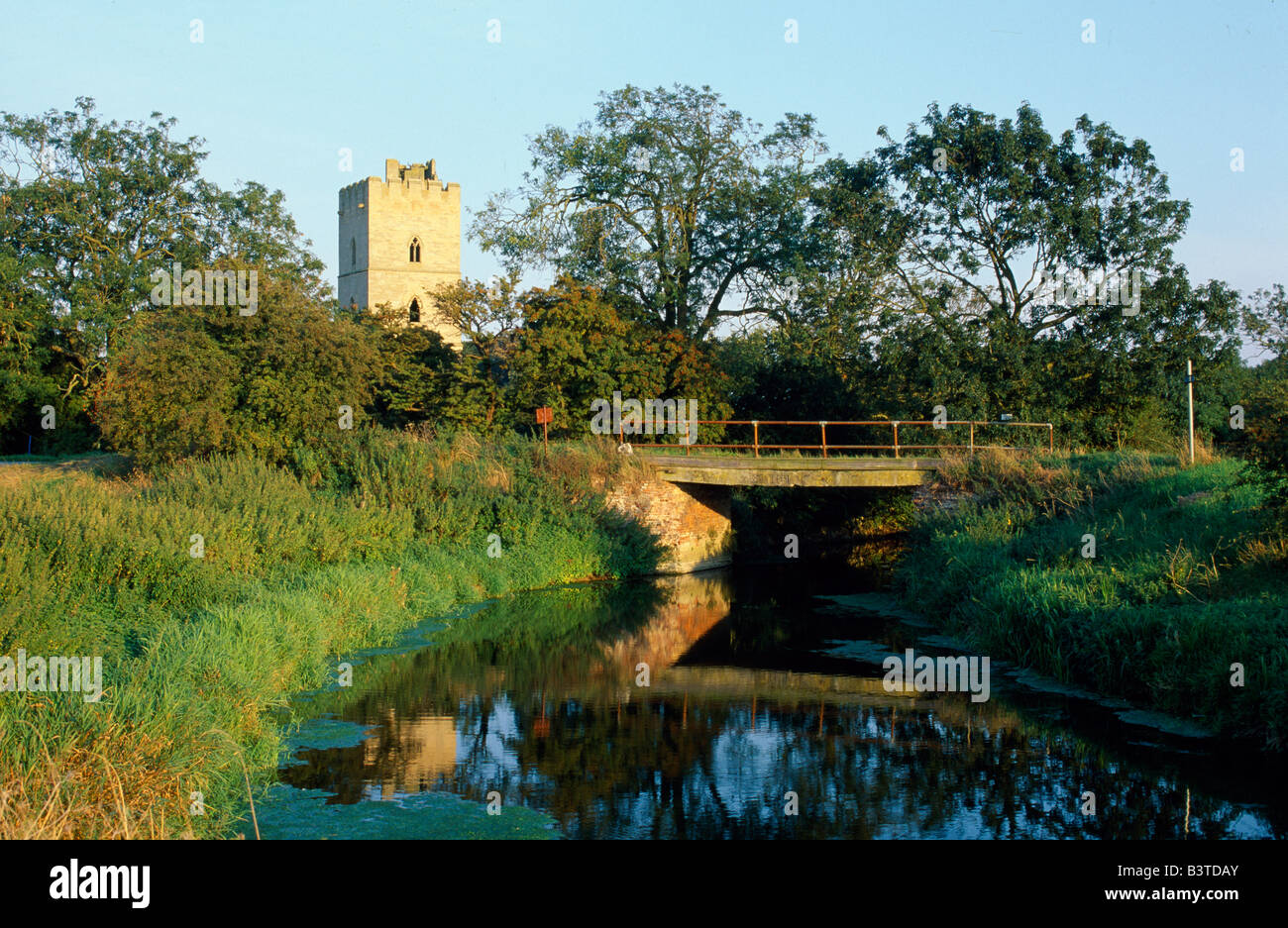 England, Lincolnshire, South Kyme. Tower and the River Slea from footpath, North Kesteven. Stock Photo