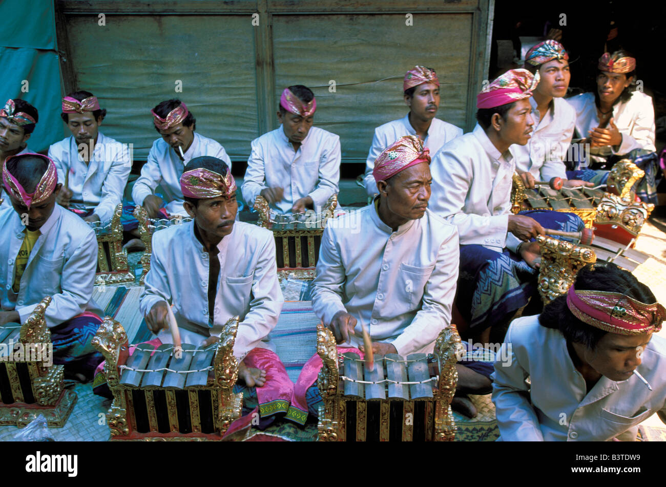 Oceania Indonesia Bali Gianyar. Musicians in gamelan orchestra