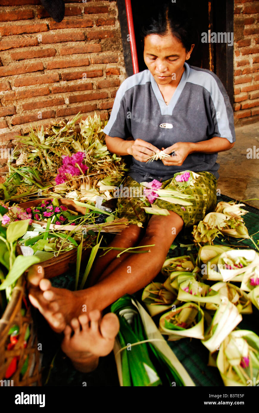 making  offerings and flower arrangements for galungan , julah, bali aga village , north bali , indonesia Stock Photo