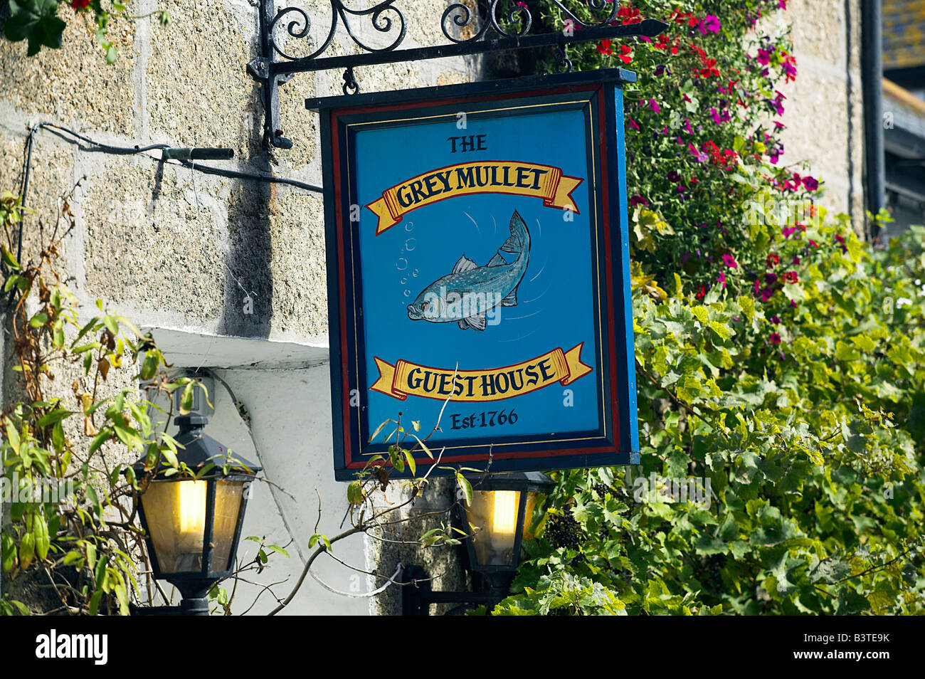 The sign outside the Grey Mullet Guest House in the Fisherman's Quarter of St Ives, Cornwall, England. Stock Photo