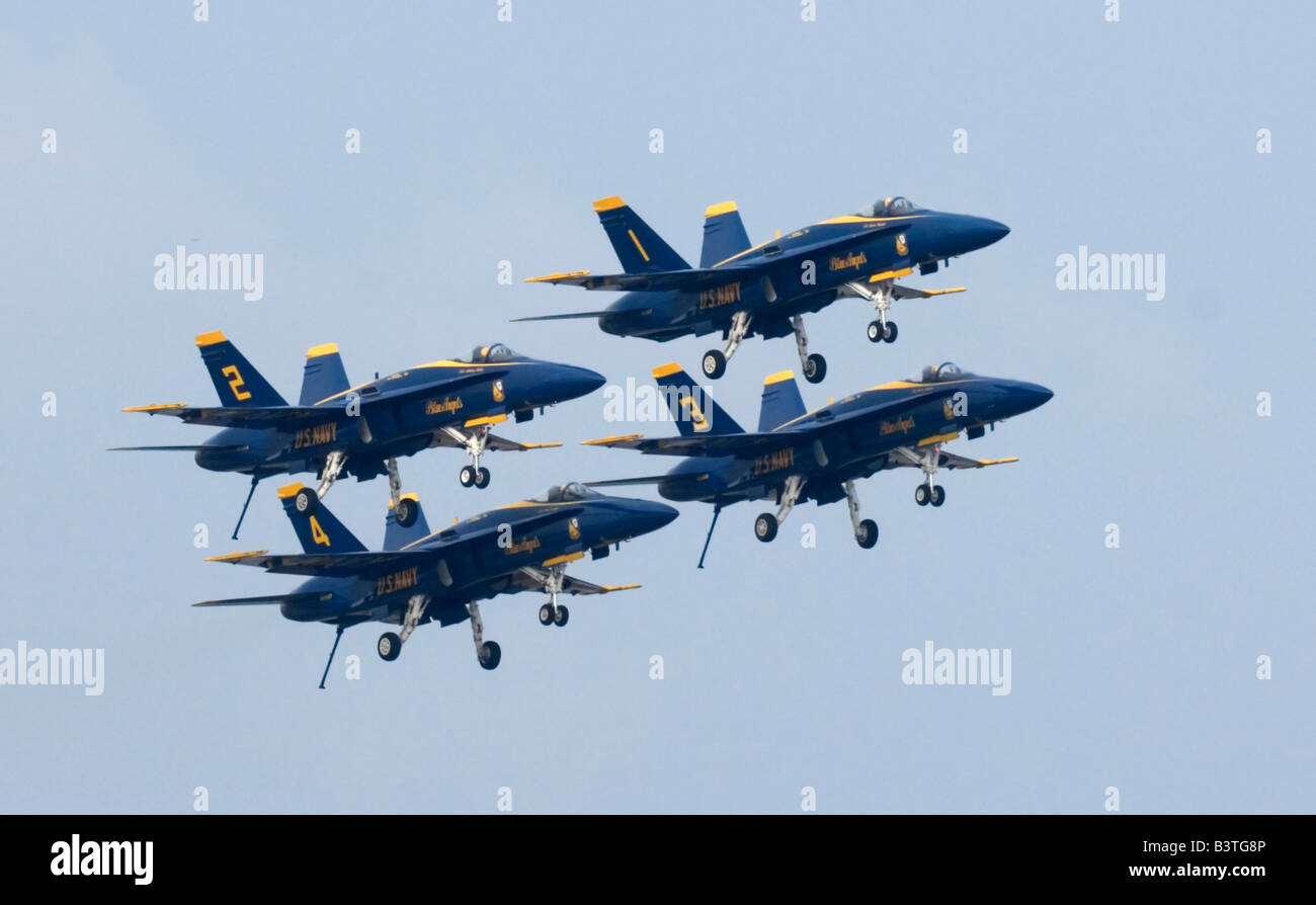 Boeing F/A-18 jets of the US Navy Blue Angels flight demonstration team perform at their summer base, NAS Pensacola Florida. Stock Photo