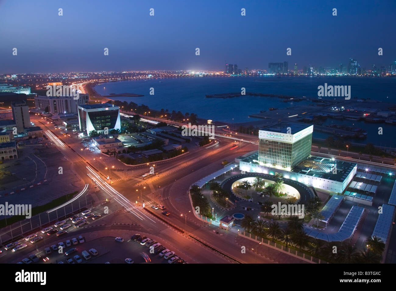 Qatar, Ad Dawhah, Doha. Aerial over Qatar Central Bank and Doha Port ...