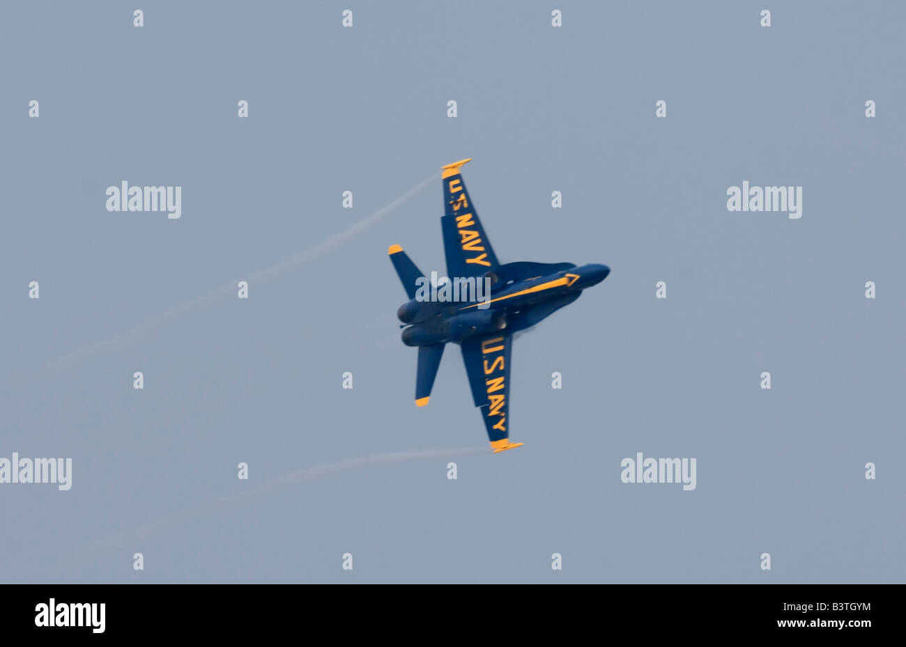 Boeing F/A-18 jets of the US Navy Blue Angels flight demonstration team perform at their summer base, NAS Pensacola Florida. Stock Photo