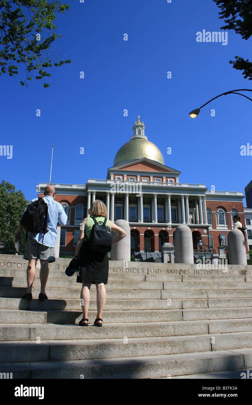 Tourists outside of the Massachusetts State House in Boston. Stock Photo