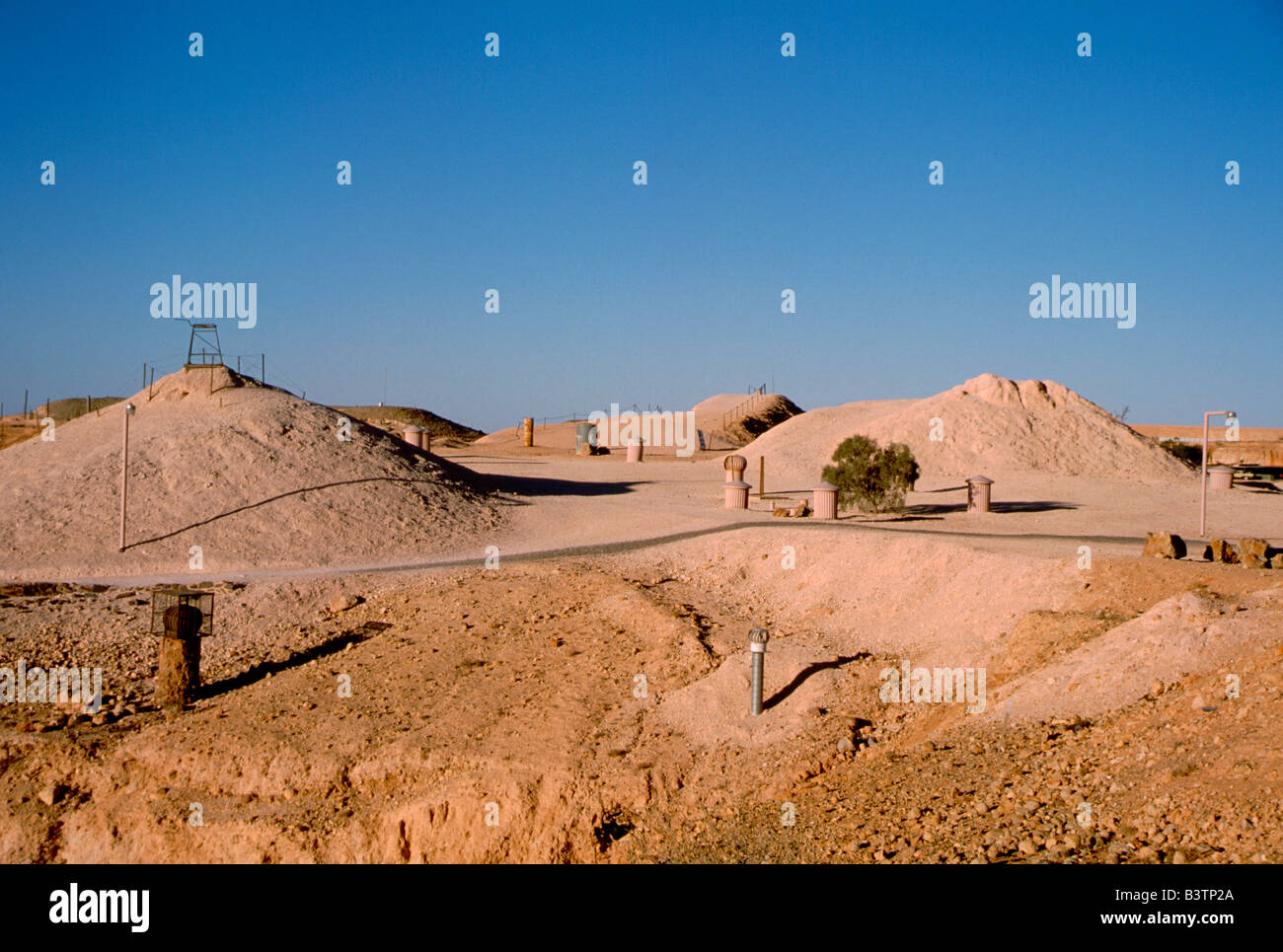 Australia, South Australia, Coober Pedy. Town of Coober Pedy, air vents for underground homes. Stock Photo