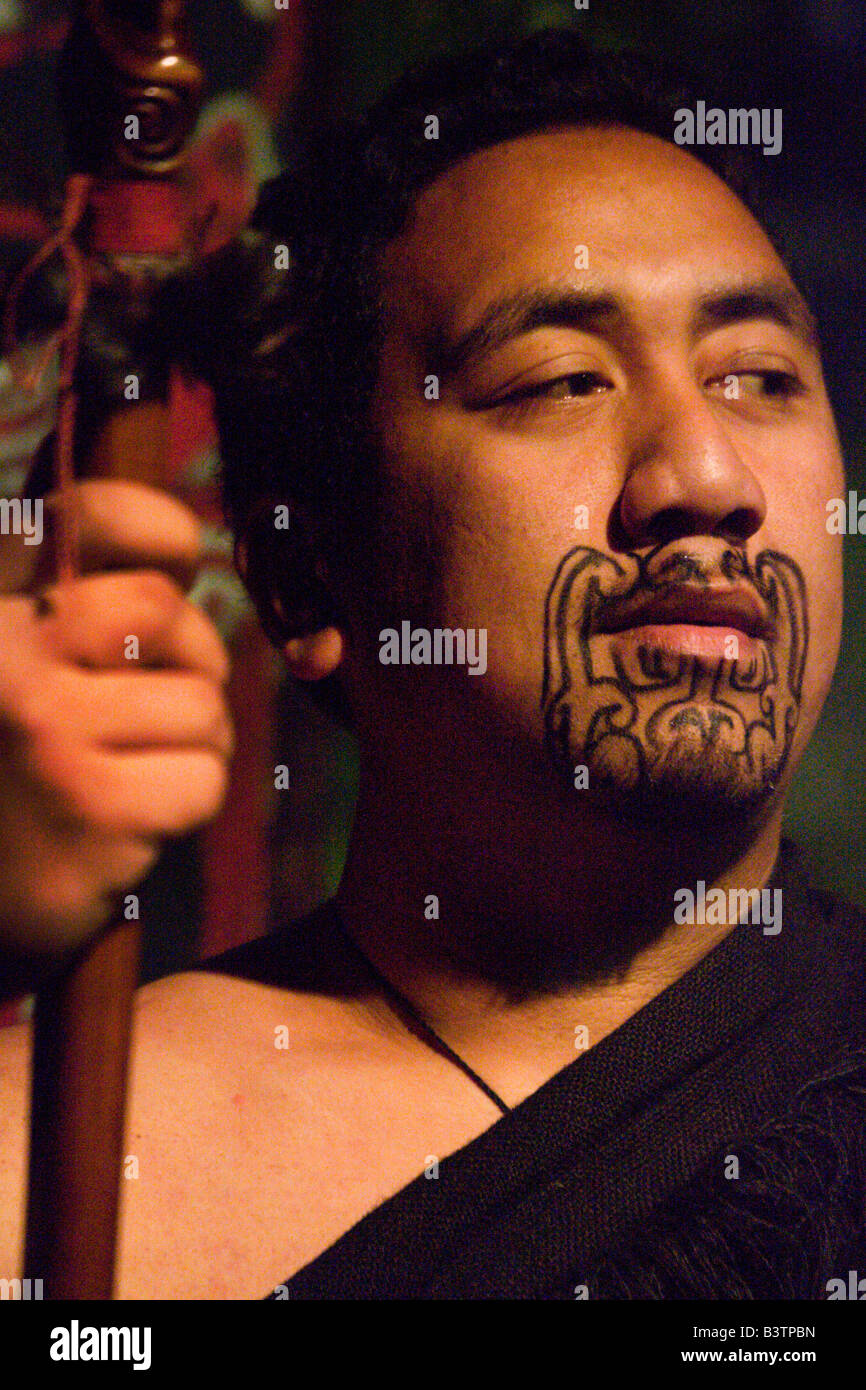 New Zealand, Rotorua. Maori warrior with facial tattoos. Stock Photo