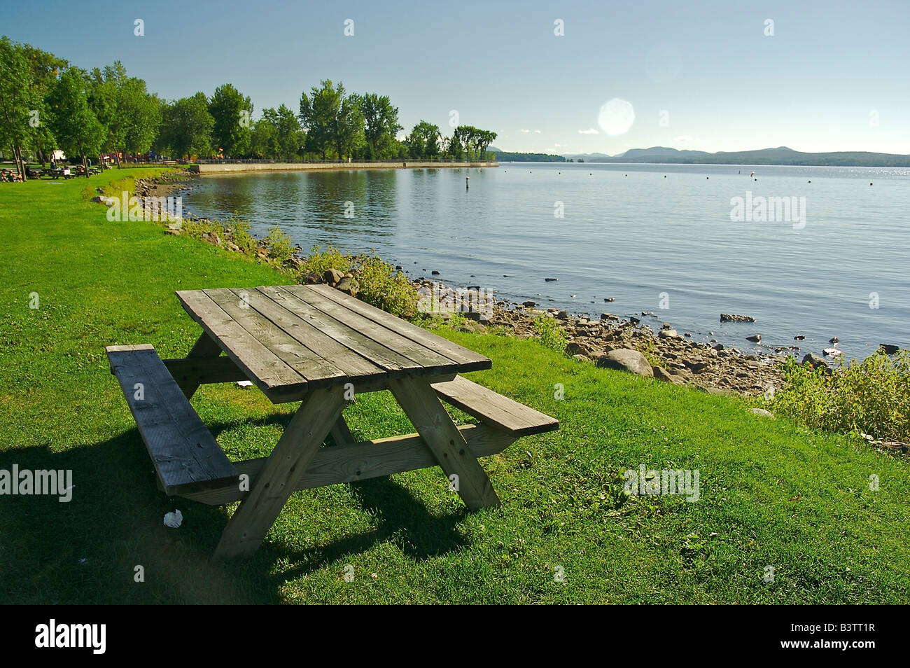 North America, Canada, Quebec, Eastern Townships, Magog. Picnic table