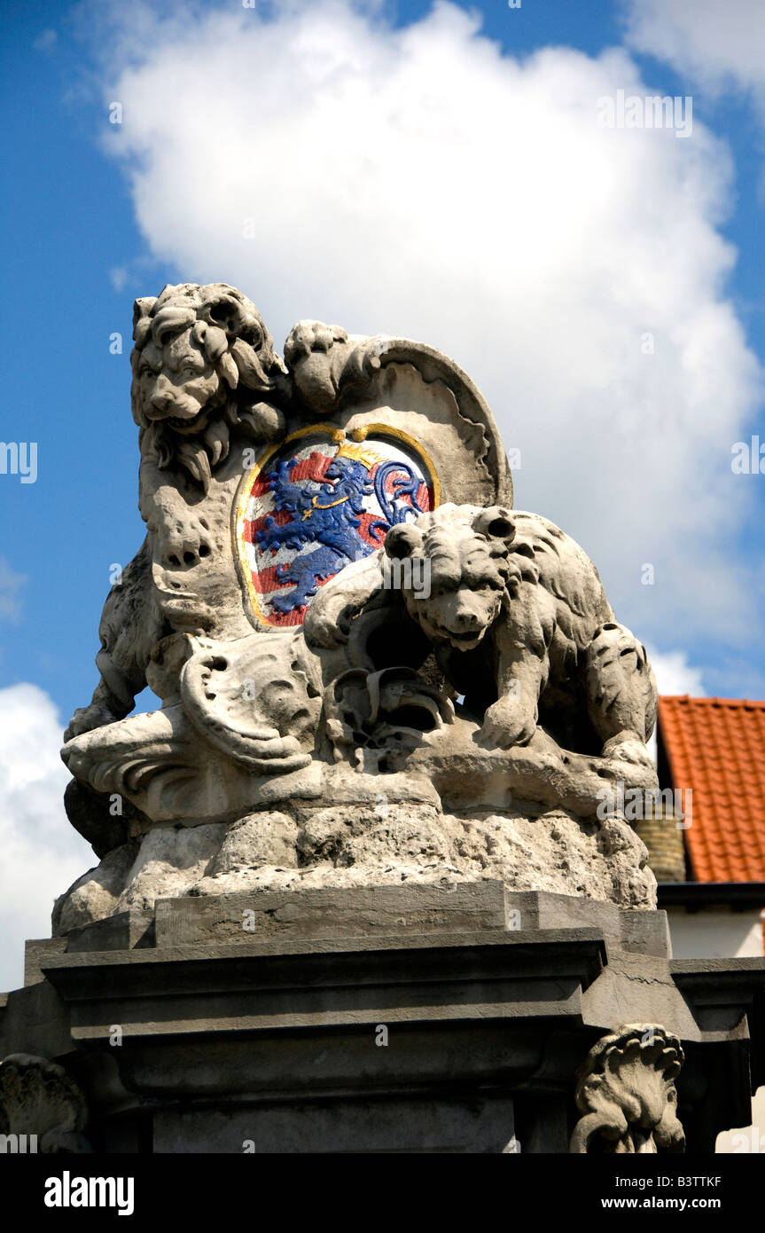 Europe, Belgium, Brugge (aka Brug or Bruge). Historic Brugge, UNESCO World Heritige Site. Lion & bear city crest. Stock Photo
