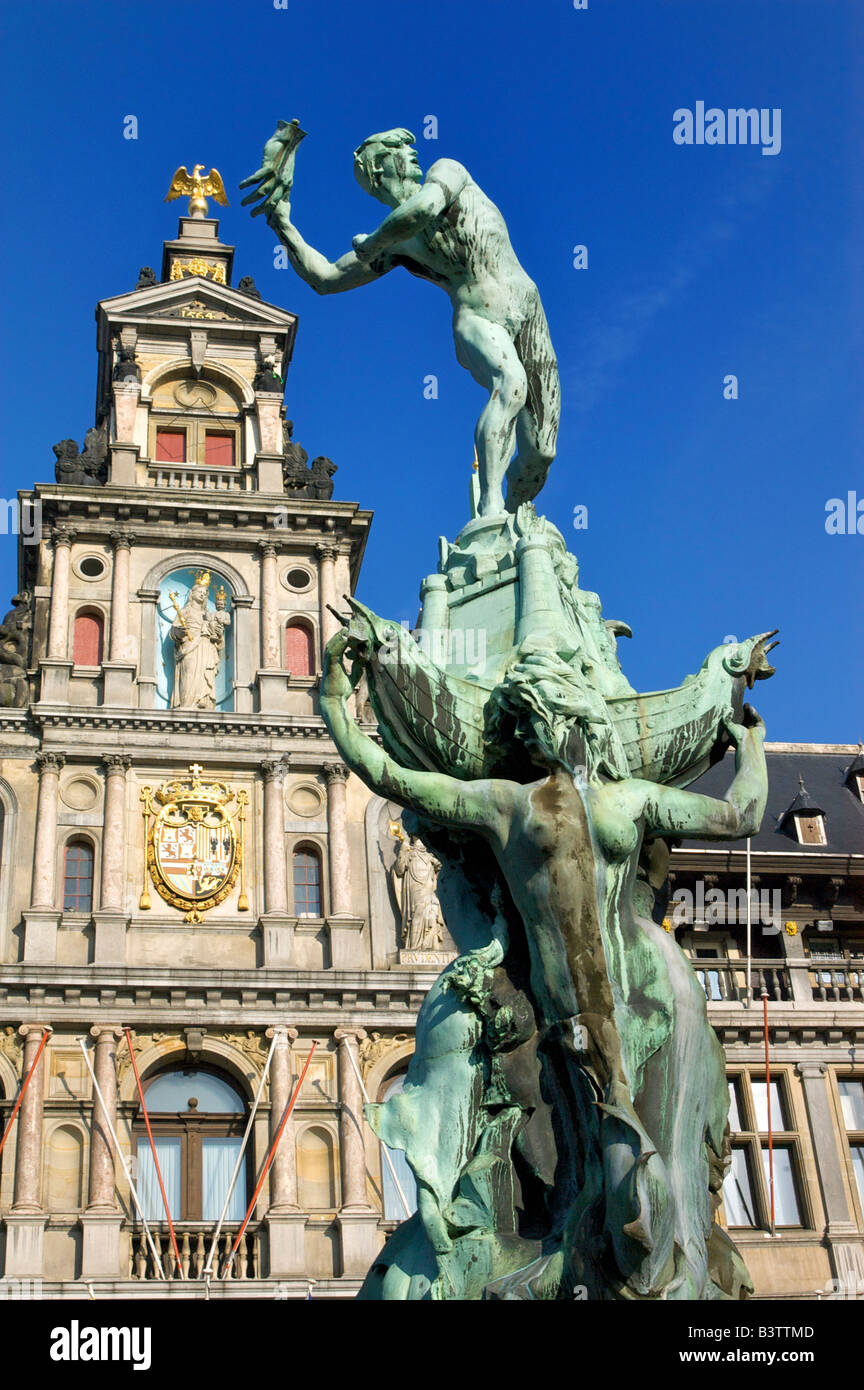 Europe, Belgium, Antwerpen, Antwerp, the Brabo Fountain by Jef Lambeaux in front of the 16th century Stadhuis, or town hall Stock Photo