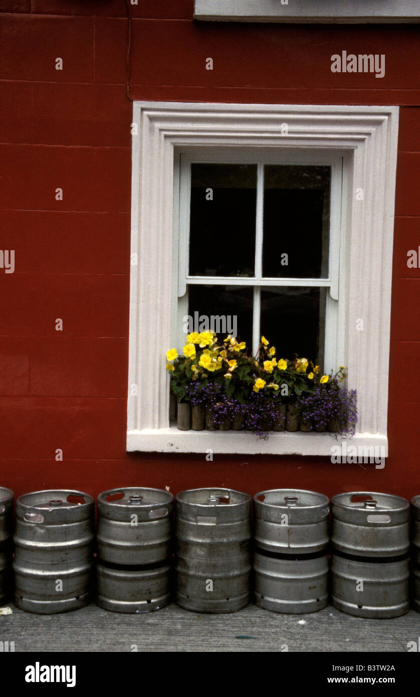 Europe, Ireland, Wexlford. Kegs in front of window. Stock Photo