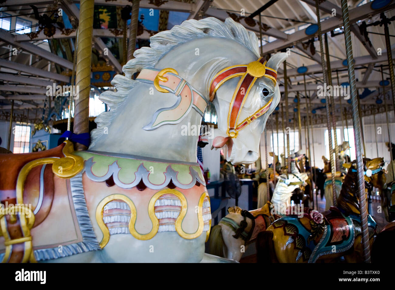 A detail of a Carousel horse at the New Haven Lighthouse carousel. Stock Photo