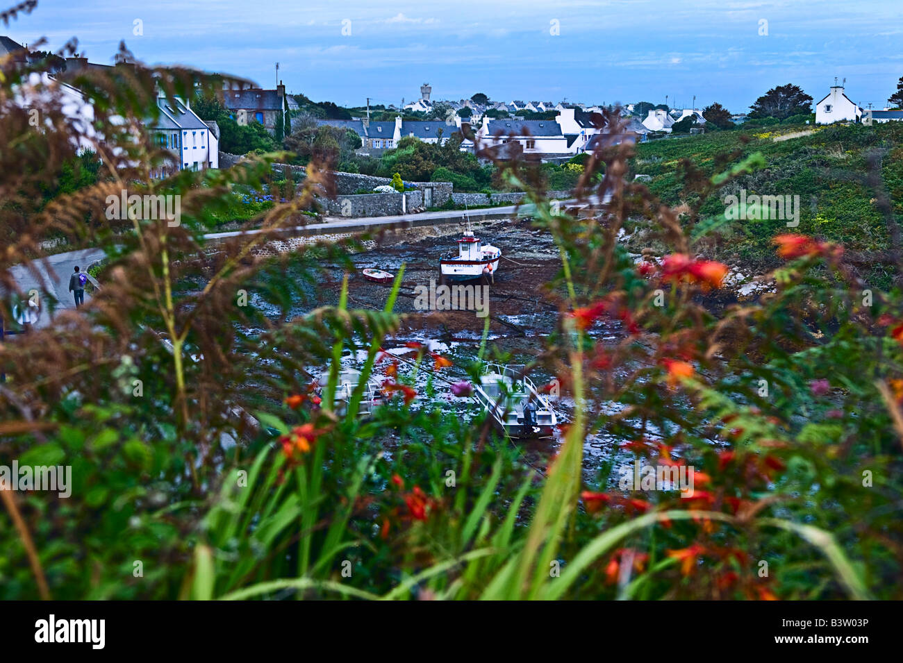 overlooking Lampaul harbor bottom at low tide isle of Ouessant Brittany France Stock Photo