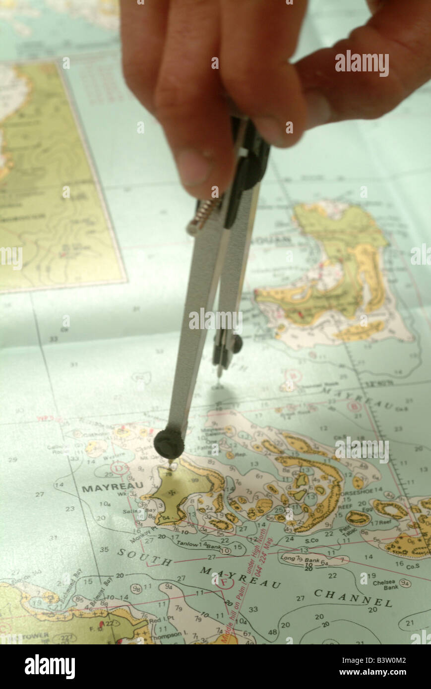 Caribbean West Indies Grenadines Planning a course on a chart with measuring tools Stock Photo