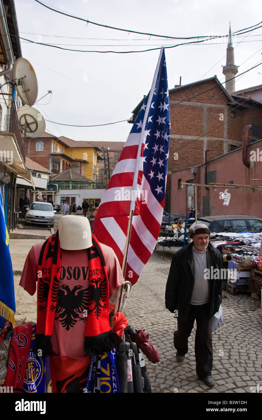 Kosovo t-shirt, American flag on display in Pristina market, Kosovo. Stock Photo