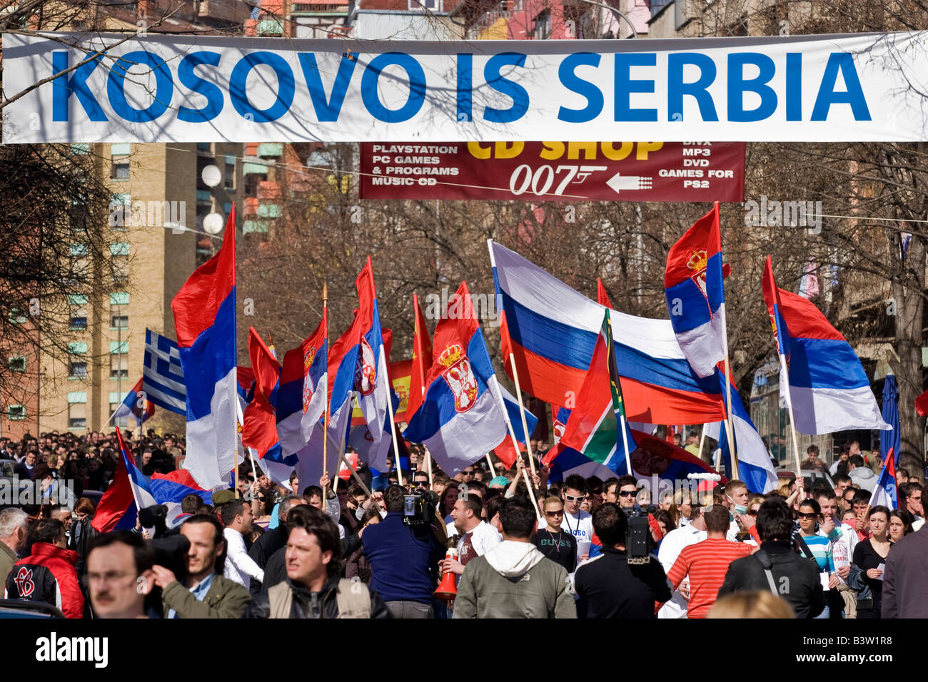 Serbs from Kosovo protest in ethnicaly divaded city of Kosovska Mitrovica against Kosovo independece. Stock Photo