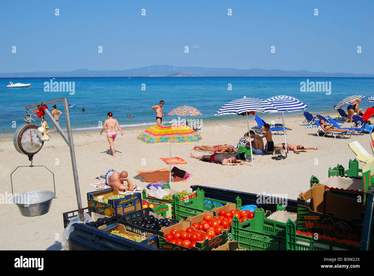 Beach view, Hanioti, Kassandra Peninsula, Chalkidiki, Central Macedonia, Greece Stock Photo