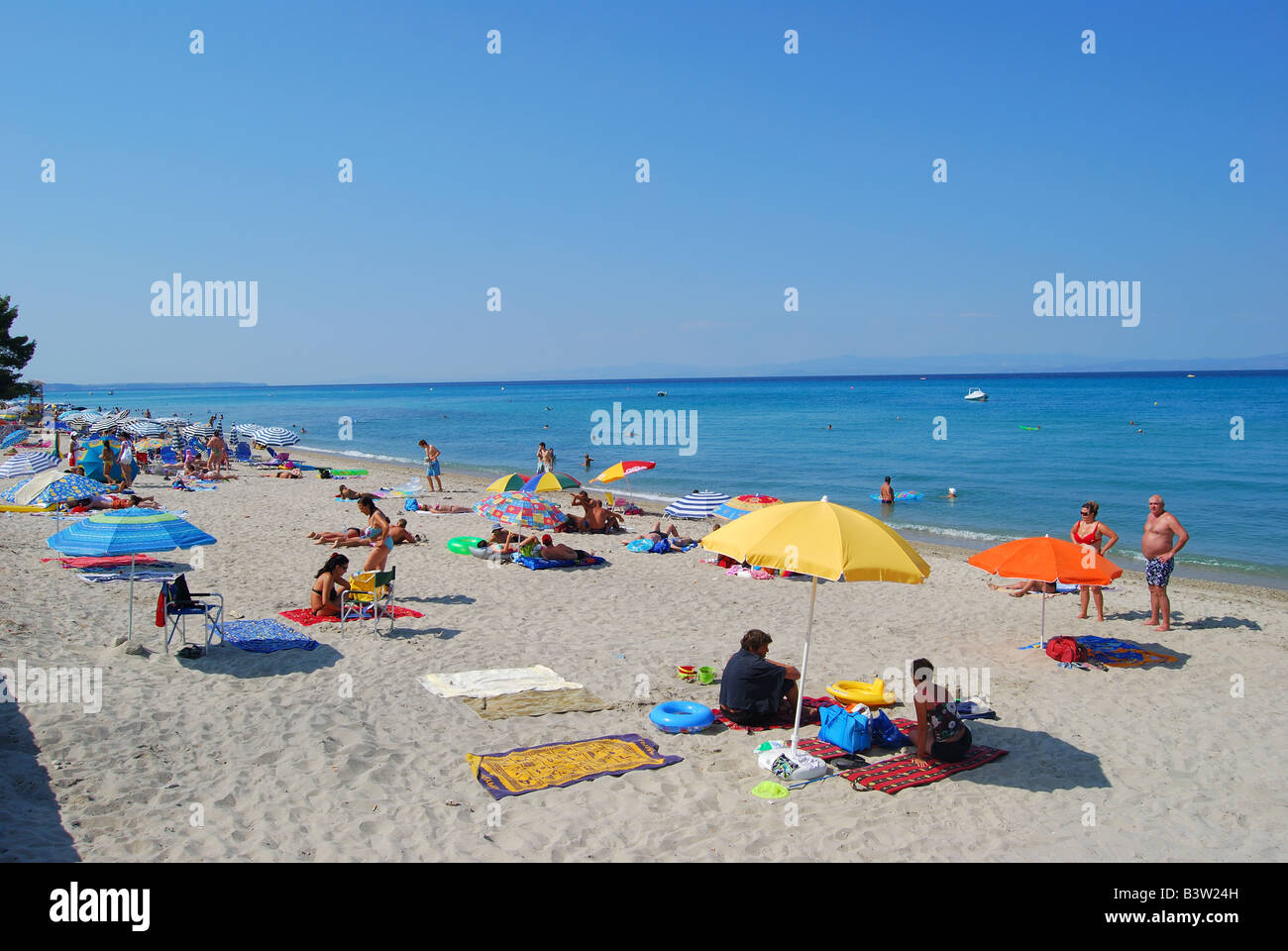 Beach view, Hanioti, Kassandra Peninsula, Chalkidiki, Central Macedonia, Greece Stock Photo