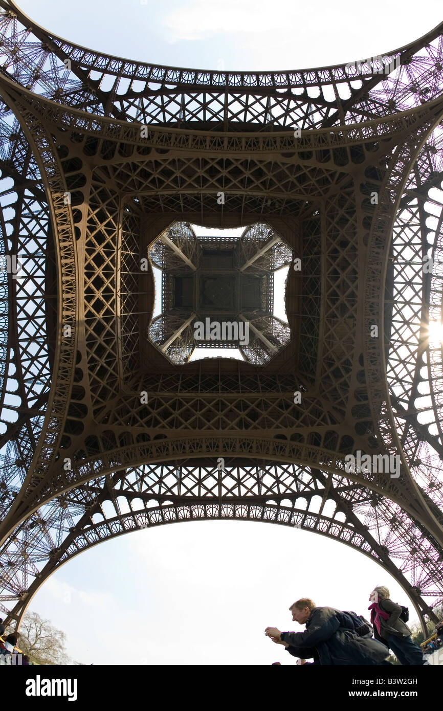 Eiffel Tower wide angle fish eye under underneath looking up view day daytime daylight Paris France Europe EU Stock Photo