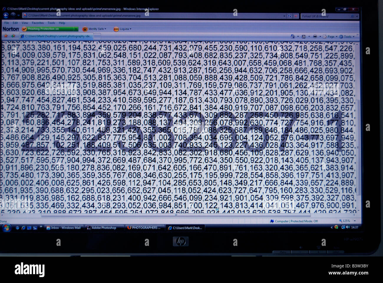 A part of the 44th Mersenne Prime discovered in September 2006 displayed on a widescreen flat panel lcd computer monitor Stock Photo