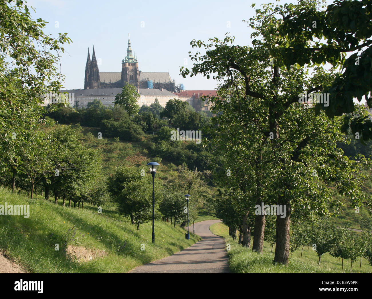 path in Petrin park with Prague castle  June 2008 Stock Photo