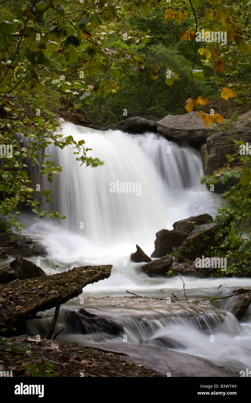 Rainwater rushes over the Lake Ann spillway waterfall in Bella Vista, Arkansas, U.S.A Stock
