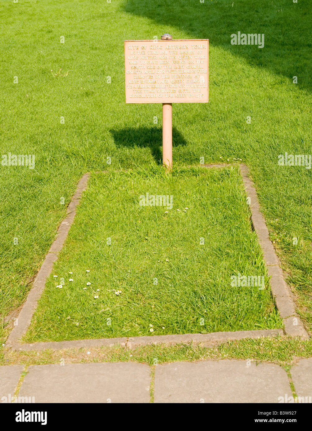 The site of King Arthur's tomb in the grounds of Glastonbury Abbey, Somerset England UK Stock Photo