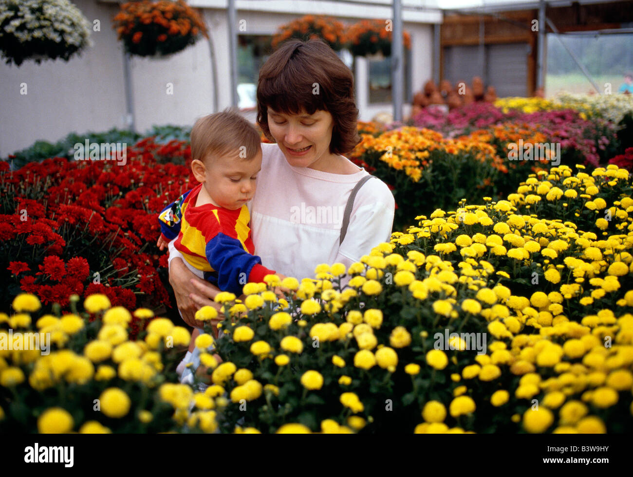 Mother and small boy buying fall flowers at a farmer's market. Stock Photo