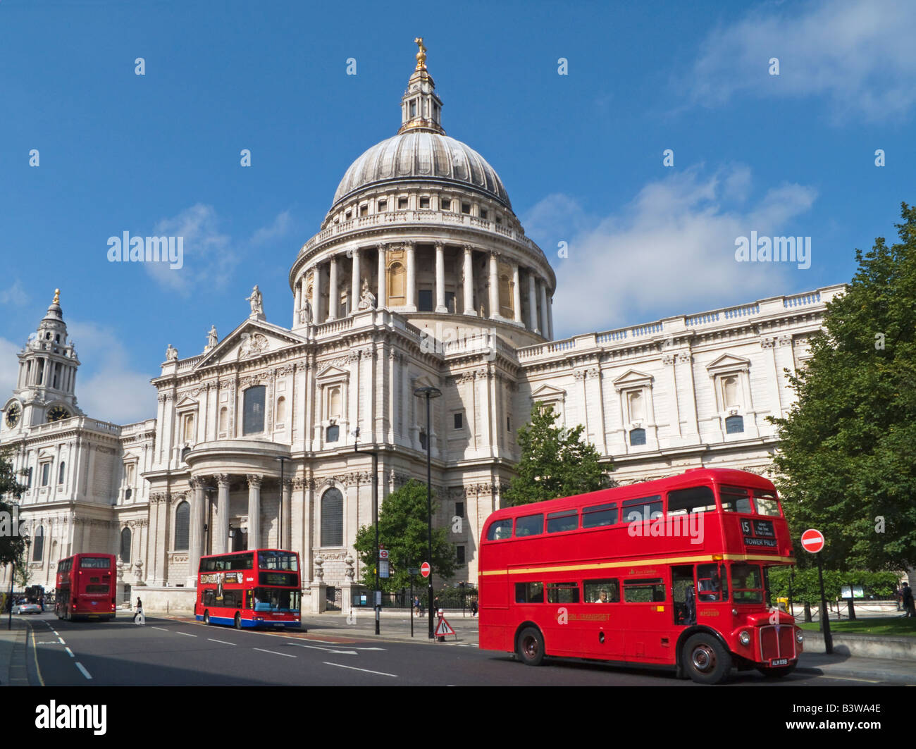 St Pauls Cathedral London  UK and Routemaster Red Double Decker Bus Stock Photo