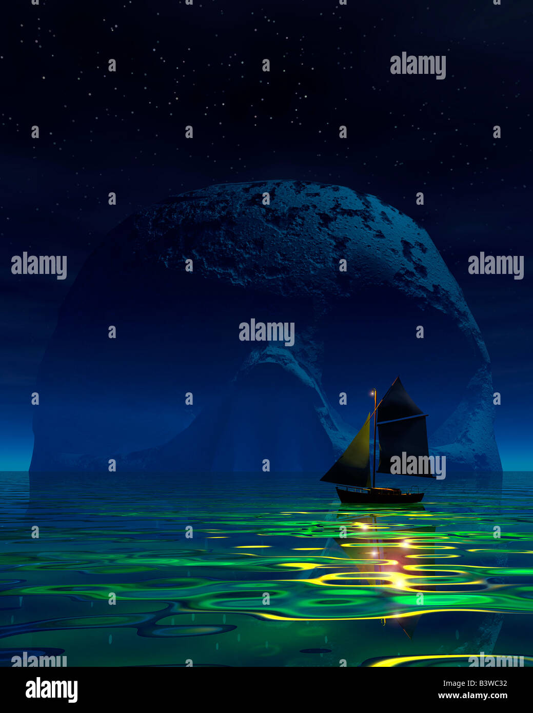 Illustration of sailboat in front of human skull island Stock Photo