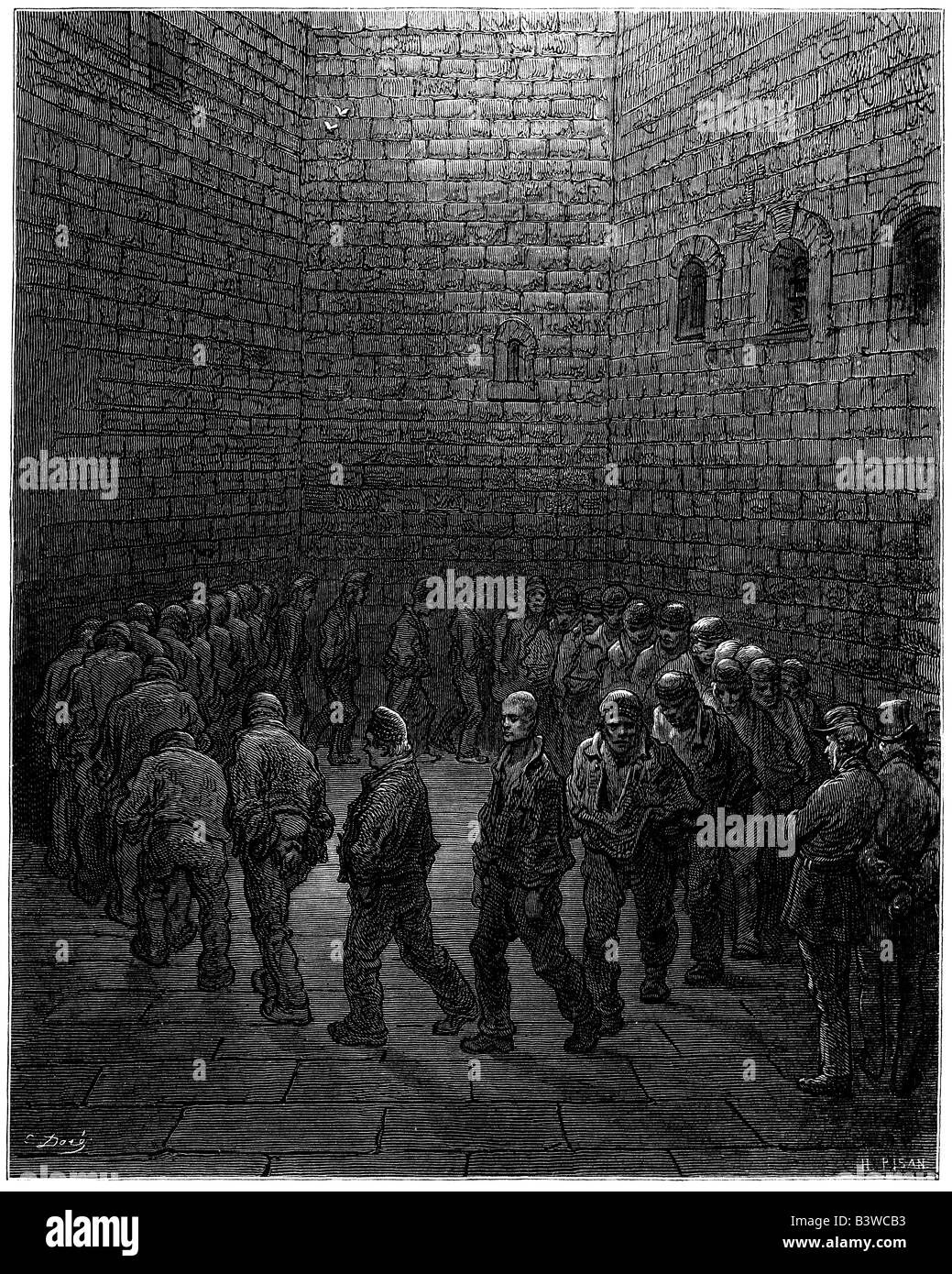 Prisoners circling in the exercise yard at Newgate Prison, engraved by Gustav Doré Stock Photo