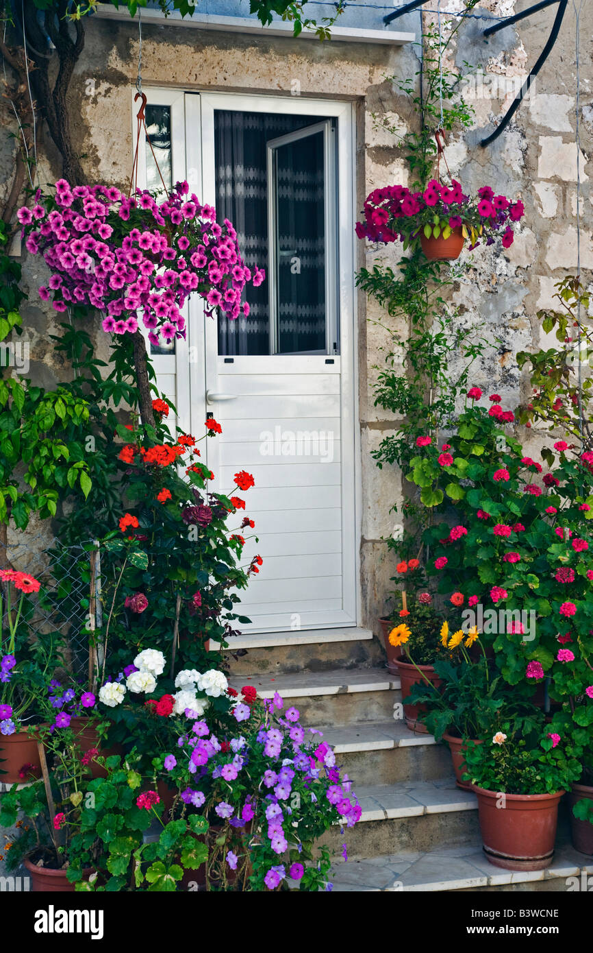 Various flowers and doorway, Dubrovnik, Croatia a UNESCO World Heritage Site. Stock Photo