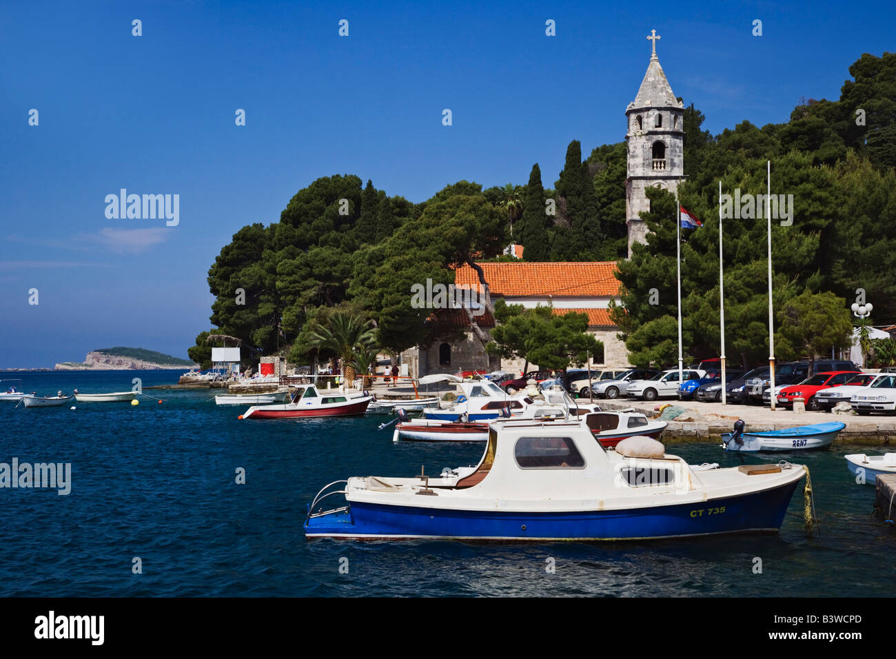 Small boats docked in harbor, Hvar Island, one of the most famous Dalmatian Islands, Croatia Stock Photo