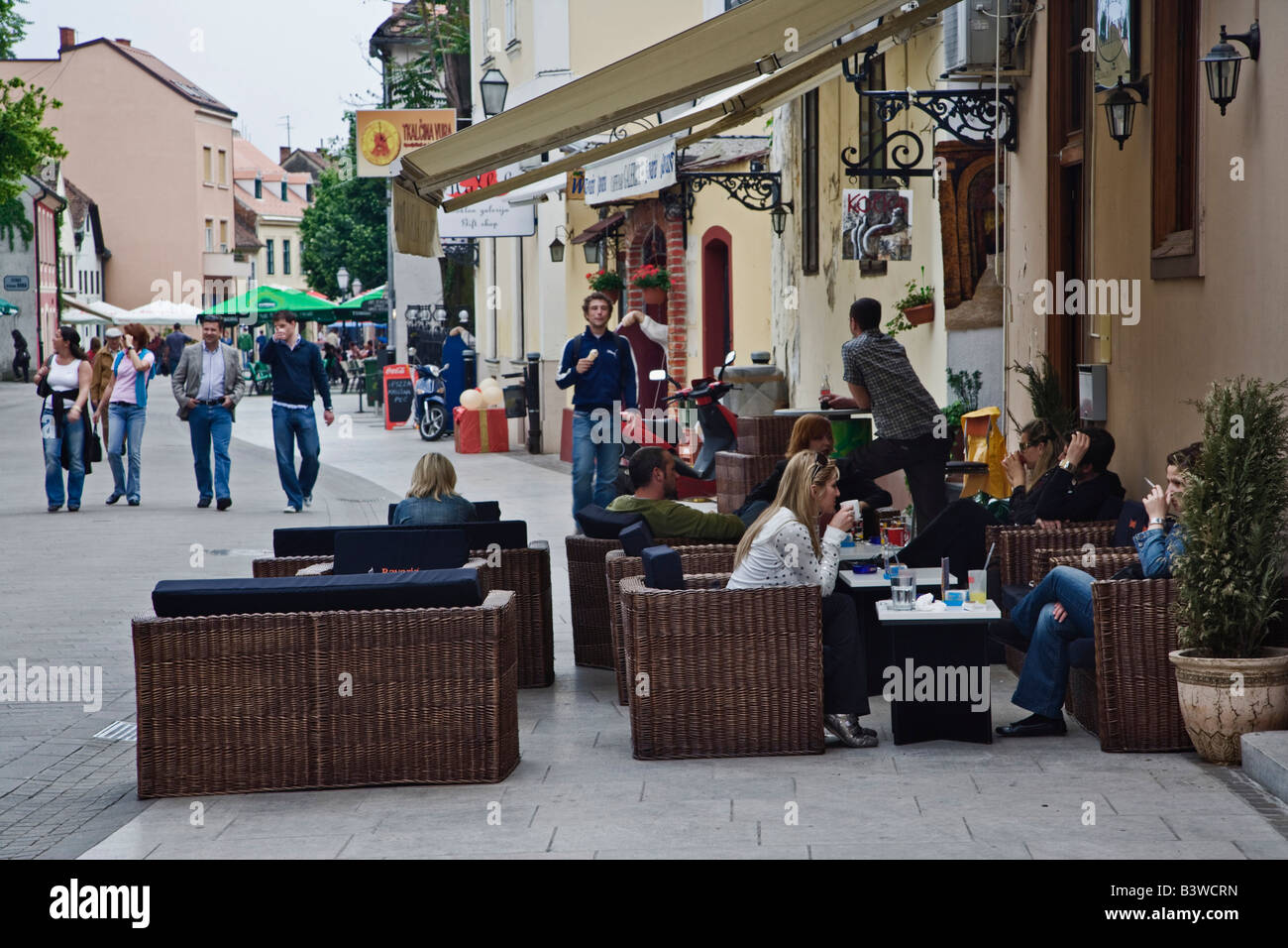 Street and outdoor cafe, Zagreb, Croatia Stock Photo