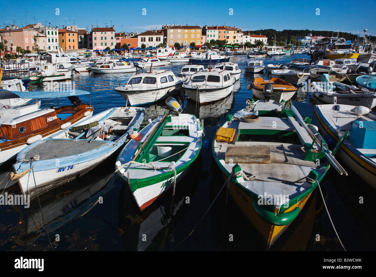 Boats docked in harbor, Rovigno, Croatia Stock Photo
