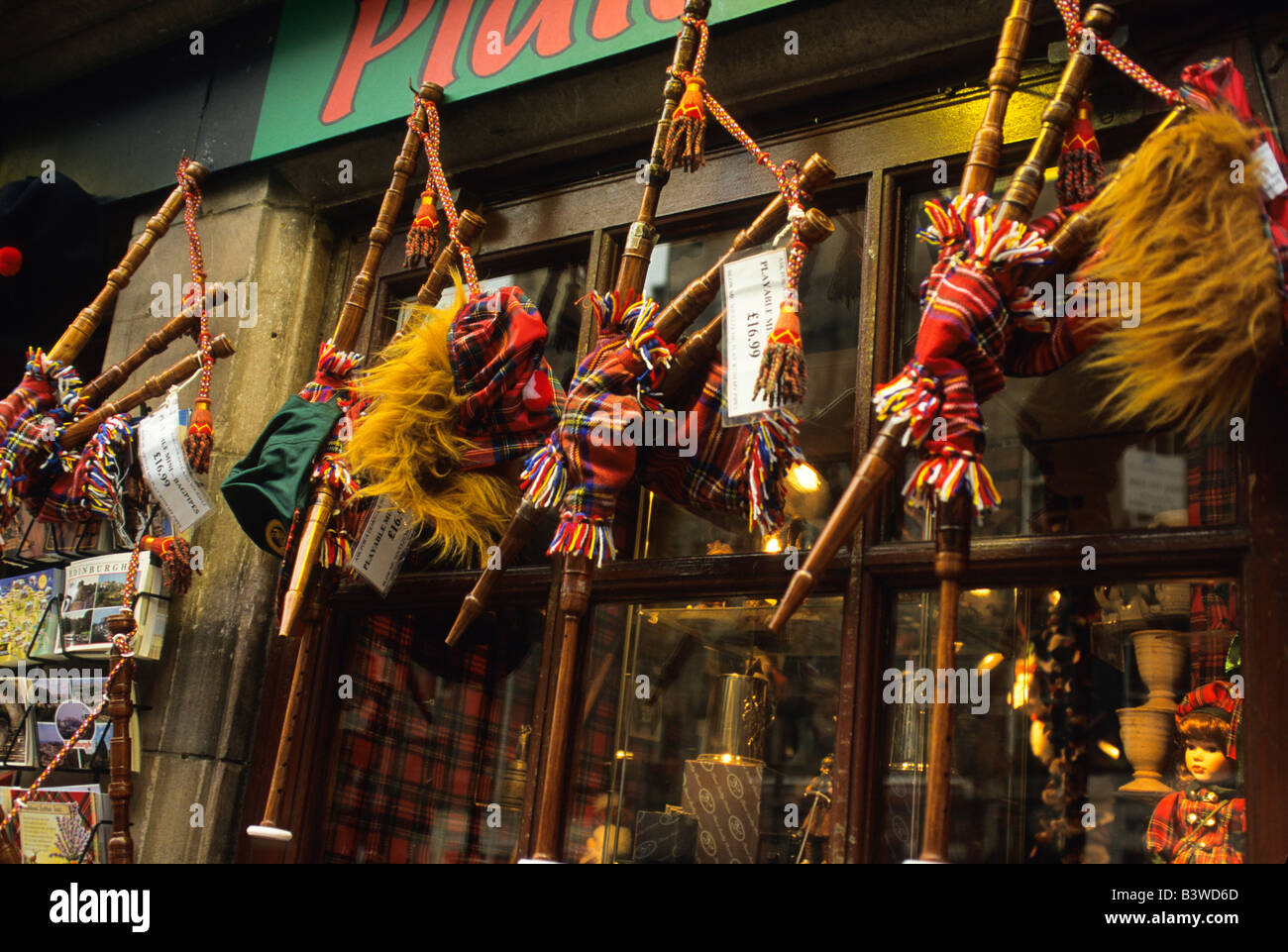 Scottish bagpipes in front of an Edinburgh Scotland souvenir shop in