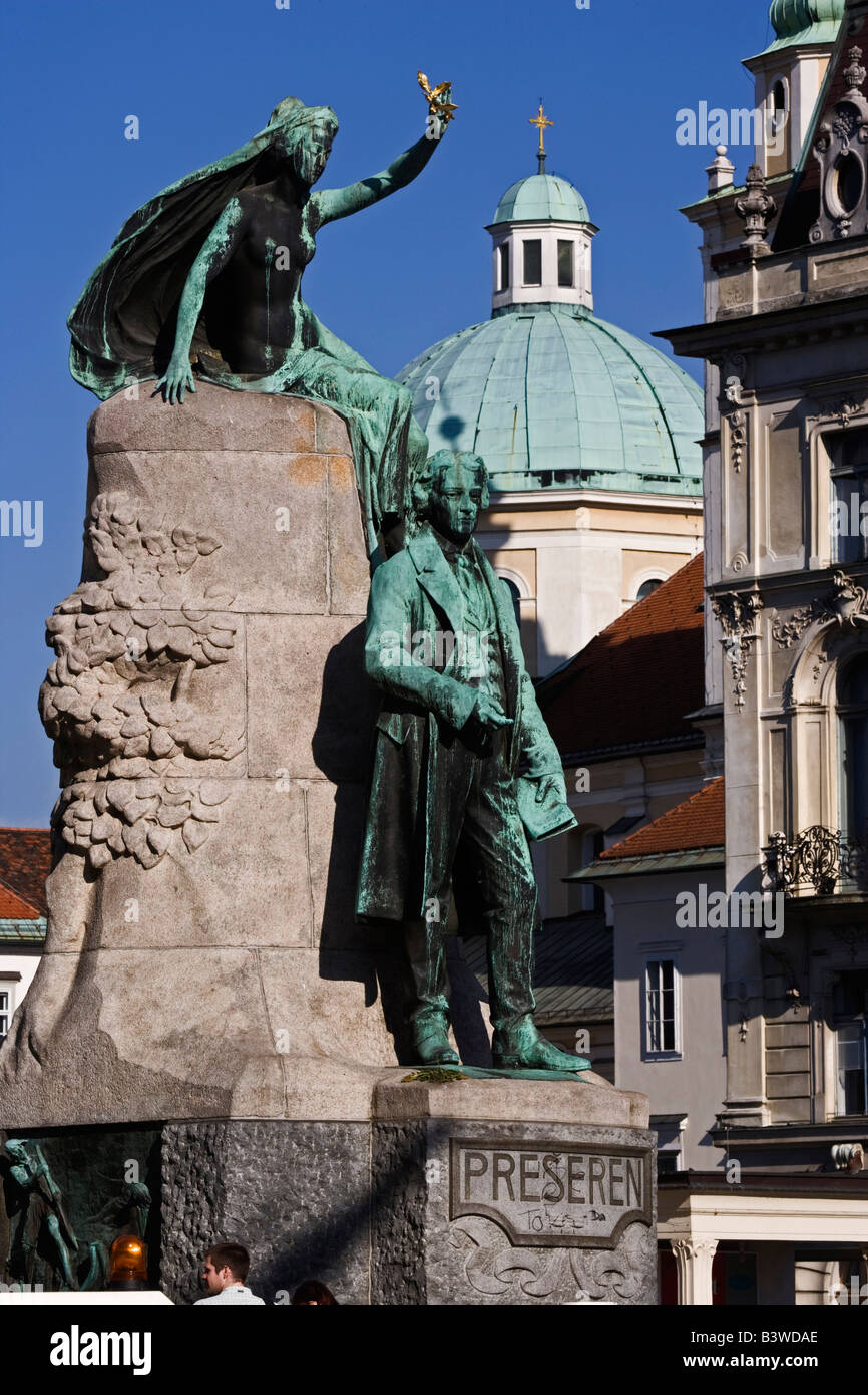 Statue of France Preseren, a Slovenian poet and national hero, and baroque-style Church of St Nicholas, Preseren Square, Stock Photo