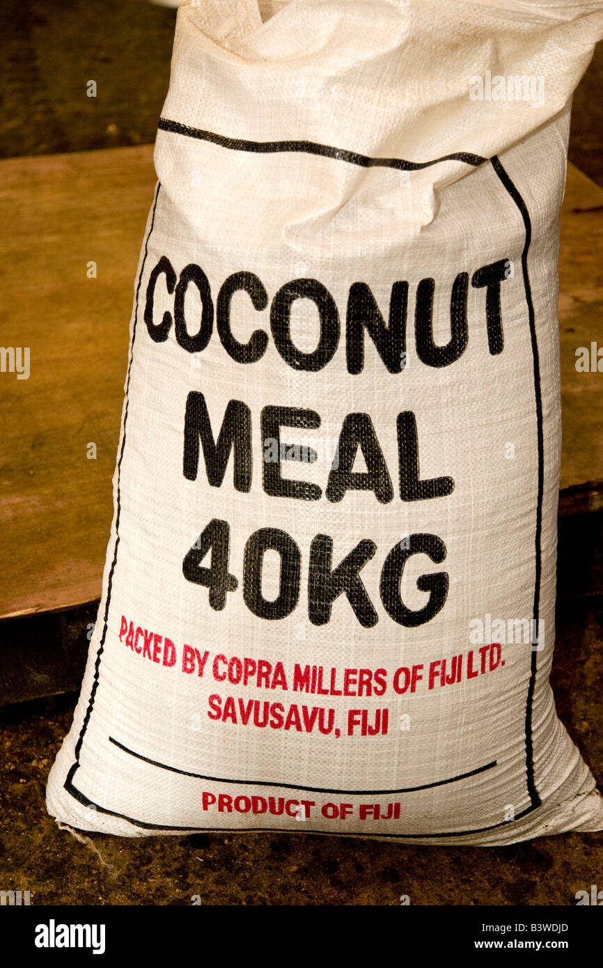 Oceania, Fiji, Vanua Levu, Savusavu. Large sack of native product, coconut meal. Stock Photo