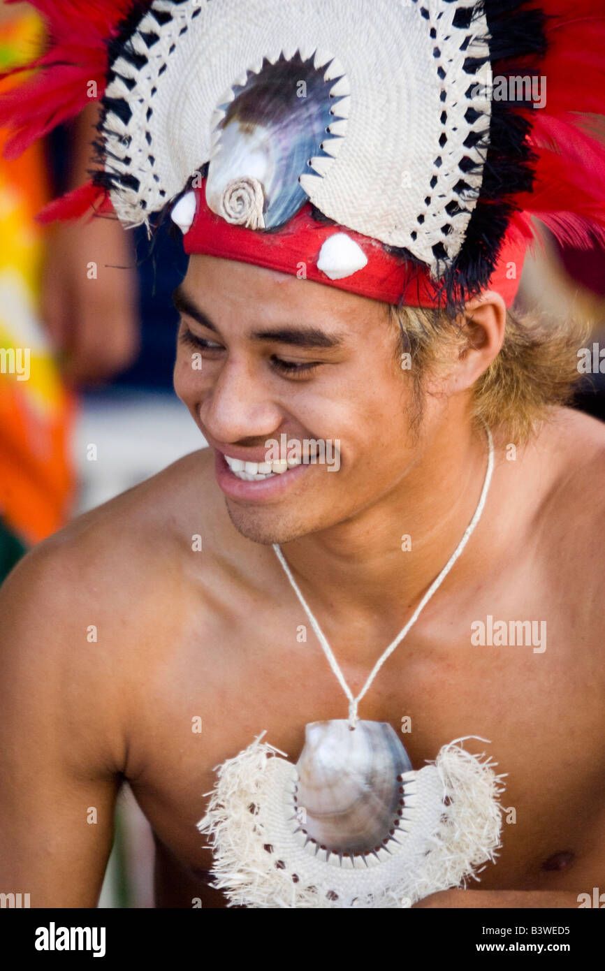 Oceania, Polynesia, Cook Islands, Rarotonga. Male dancer in traditional ...
