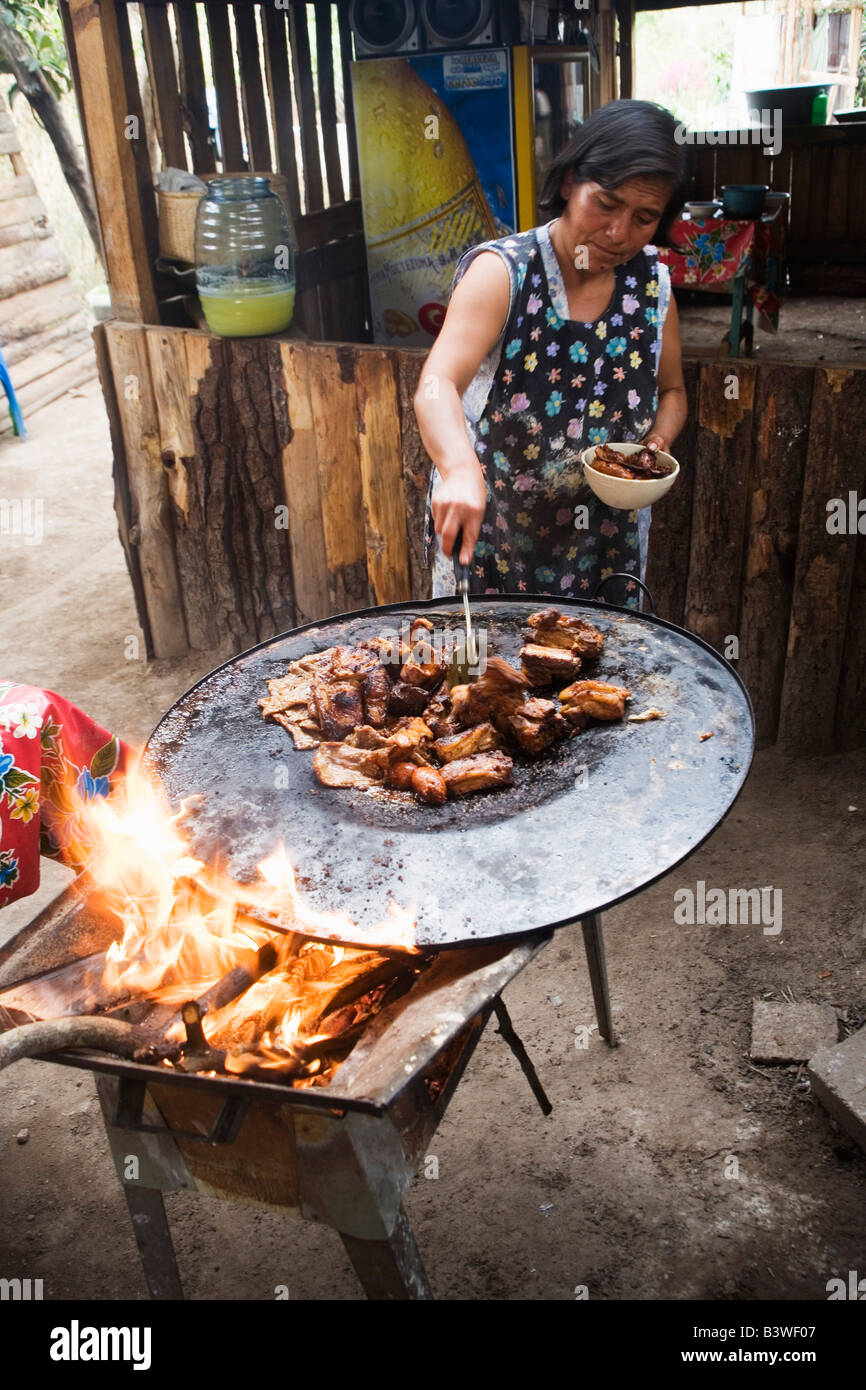 Mexican is woman cooking meat on open fire in Etla village ...