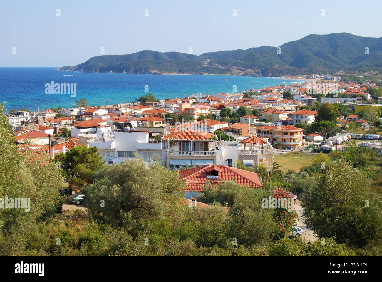 View of resort, Sarti, Sithonia Peninsula, Chalkidiki, Central Macedonia, Greece Stock Photo