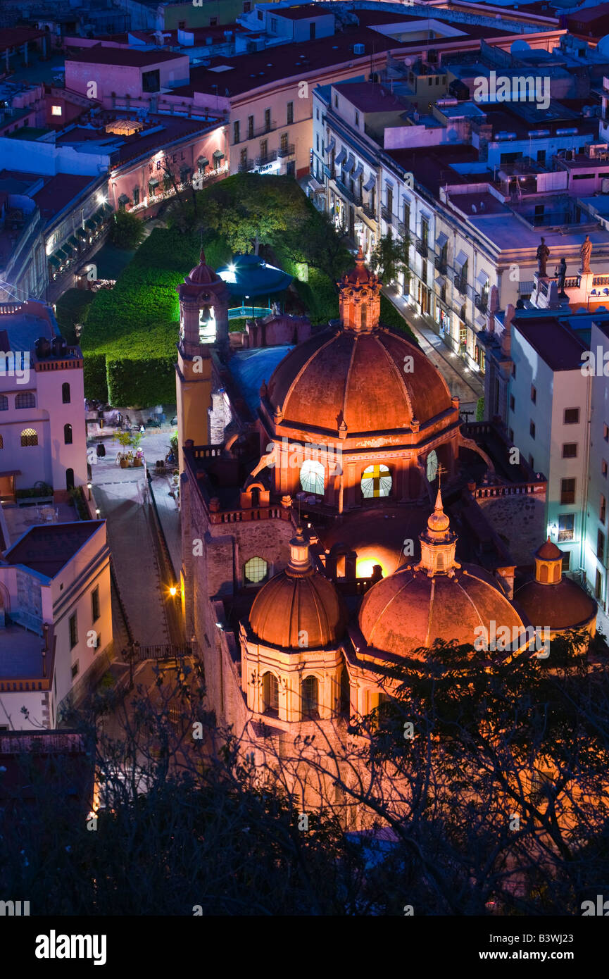 Mexico, Guanajuato State, Guanajuato. Aerial View of Templo San Diego de Alcala Baroque Church / Evening Stock Photo