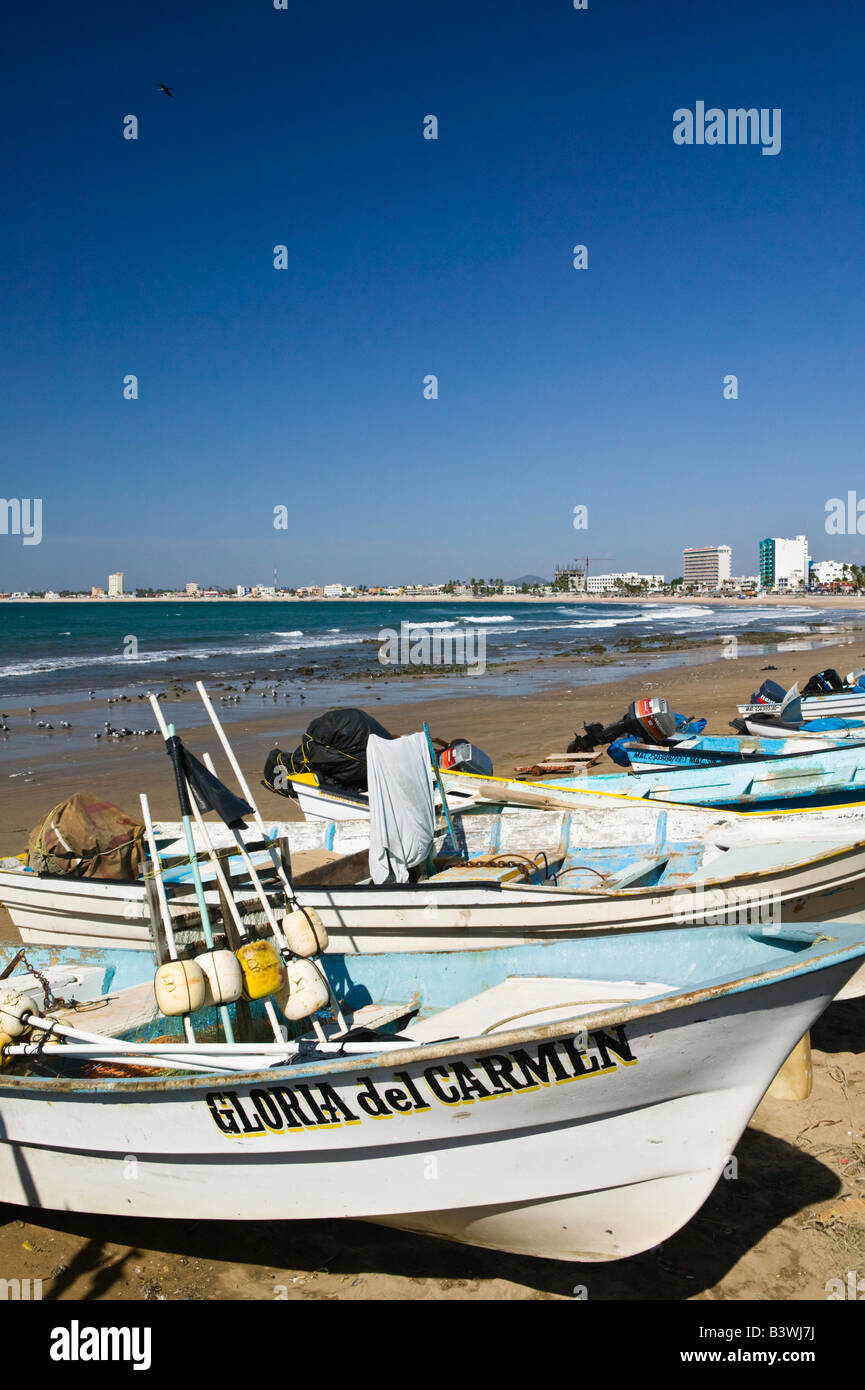 Mexico, Sinaloa State, Mazatlan. Playa Norte Beach Fishing Boats Stock
