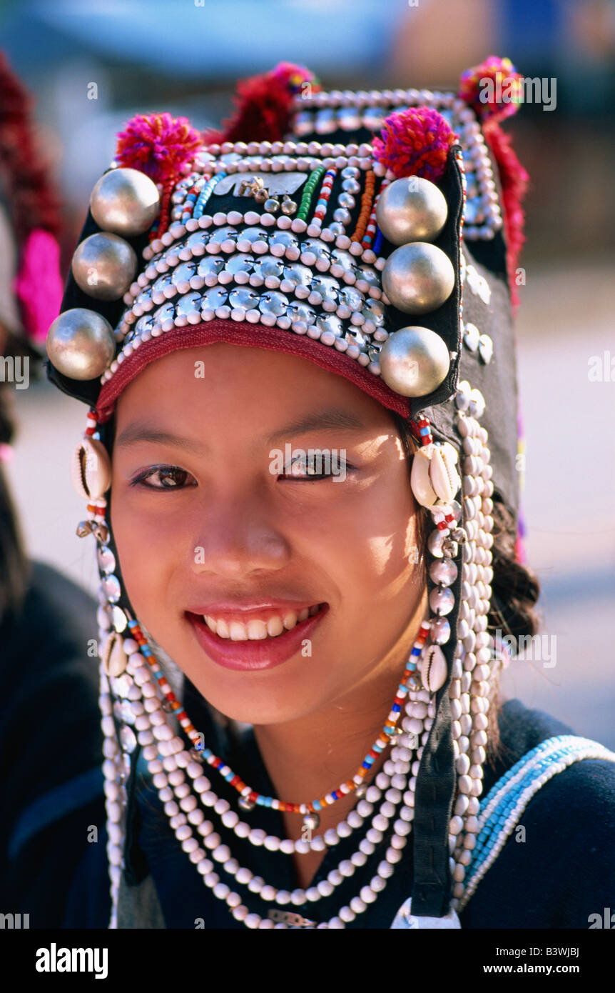 Portrait of an Akha tribal woman wearing a traditional silver headpiece, Chiang Rai, Chiang Rai Province, Thailand Stock Photo