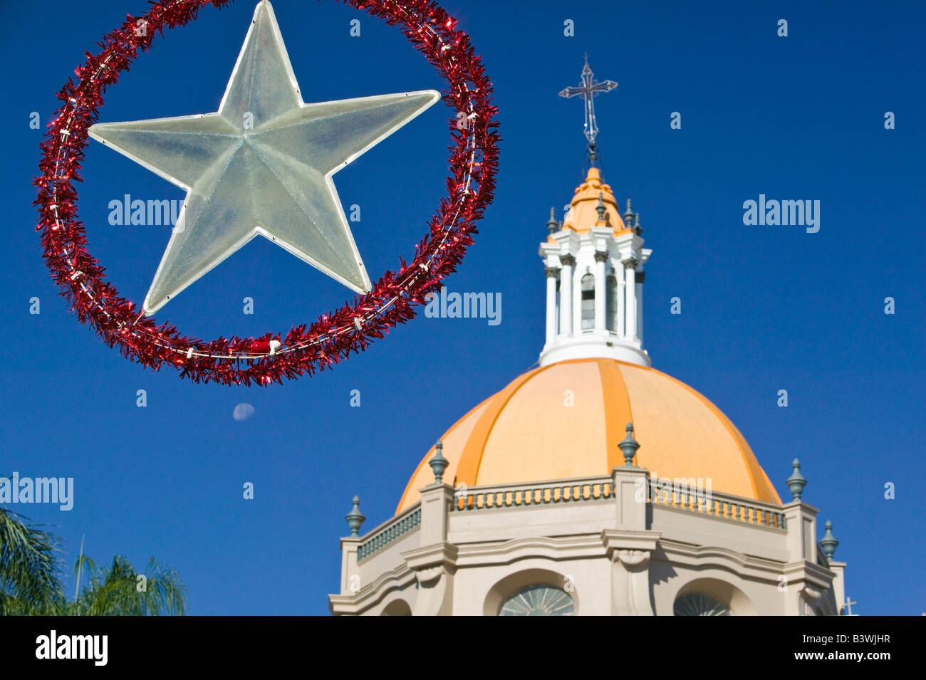 Mexico, Colima, Colima City. Cathedral and Holiday Decorations Stock