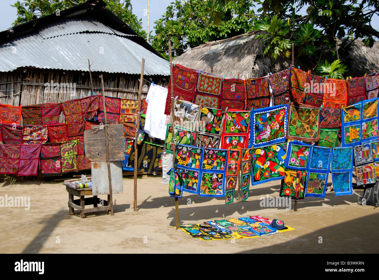 Central America, Panama, San Blas Islands (aka Kuna Yala). Colorful Kuna Indian hand stitched molas on display. Stock Photo