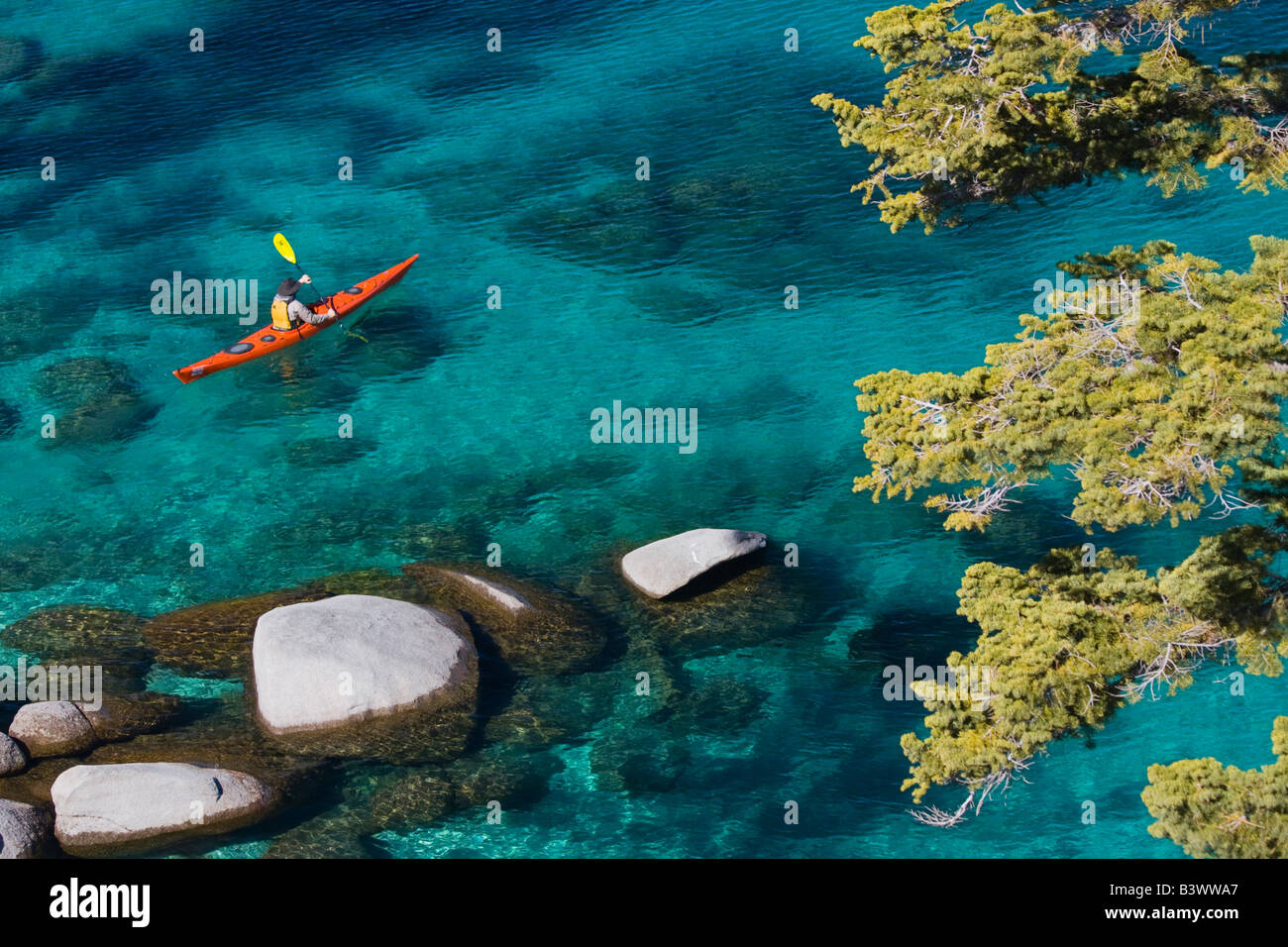 High angle view of a man kayaking in a lake, Lake Tahoe, Nevada, USA ...