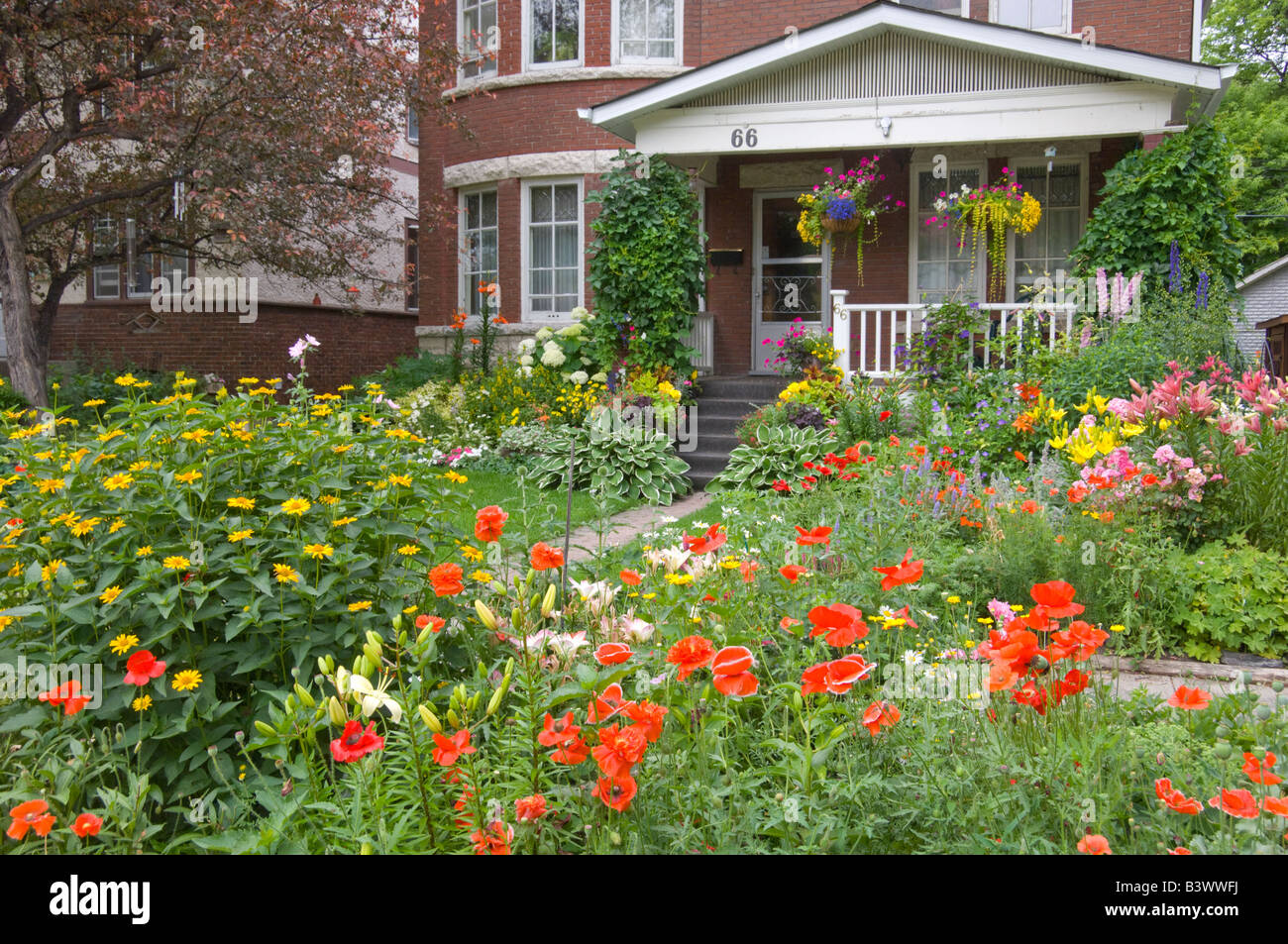 Wolseley area home with decorative spring flowers in the front yard and on the boulevards in