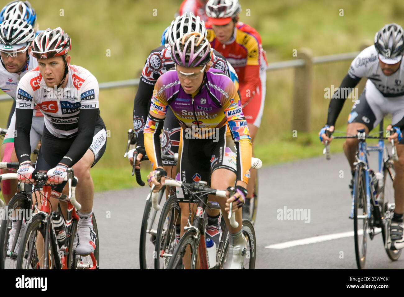 UK sports Tour of Britain cycle race cyclist climbing Mennock Pass on