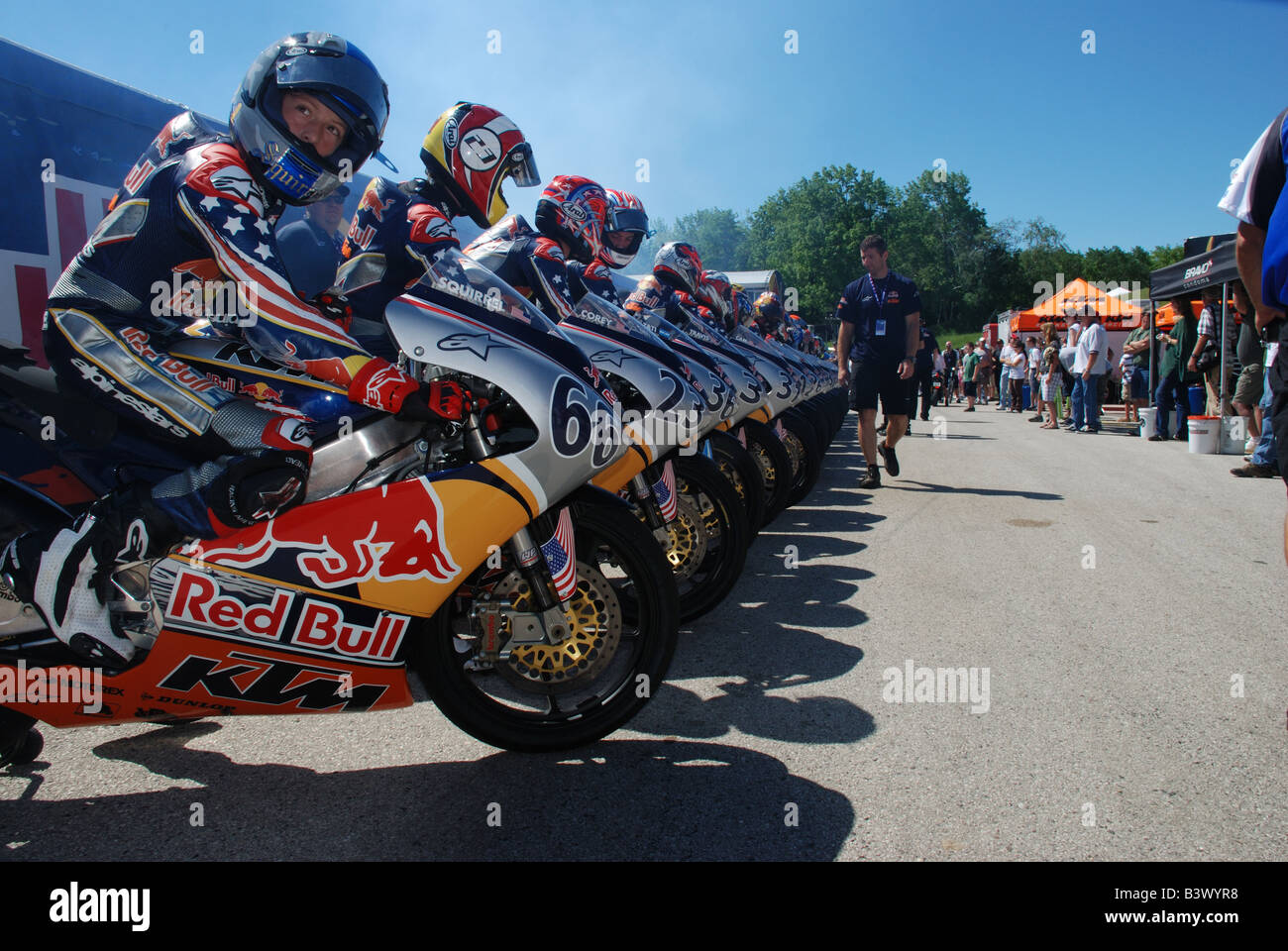 Red Bull Rookie Cup riders are lined up ready for qualifying. Stock Photo